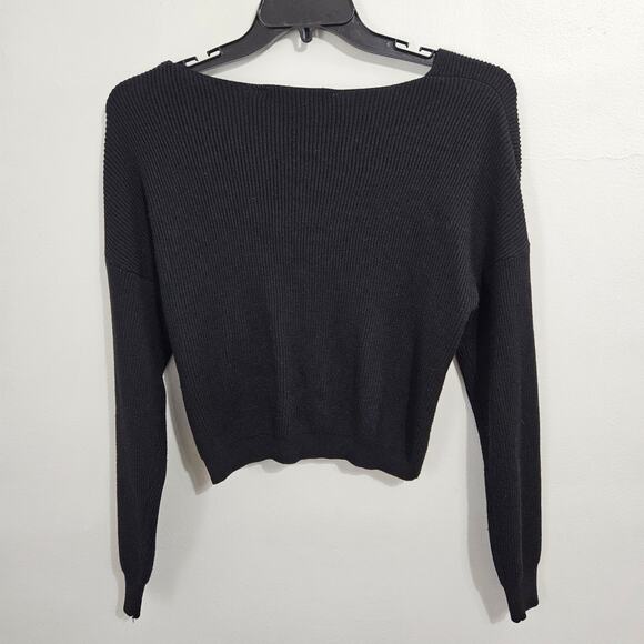 Zara Black Cropped Faux Wrap Ribbed Wool Sweater Size M - Picture 4 of 5